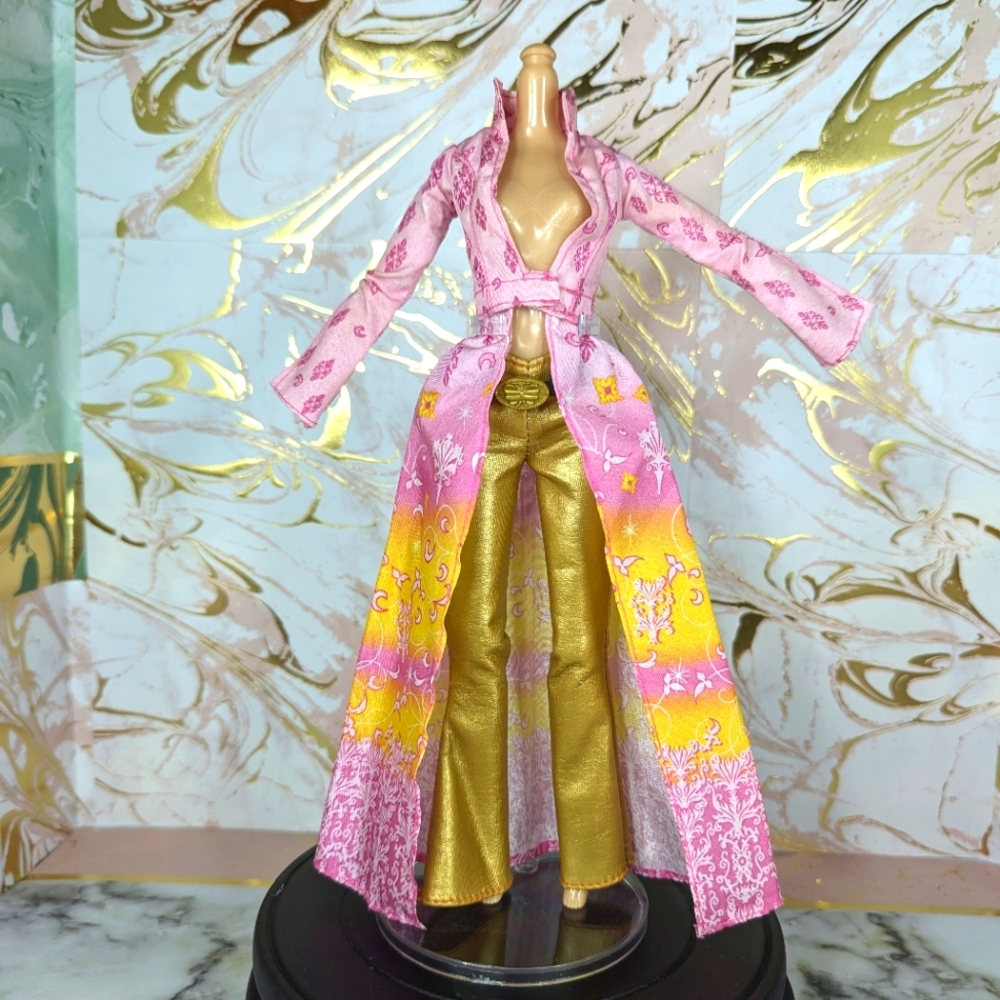Barbie Secret Spells Pink & Yellow Coat Dress And Gold Pants, Good Condition *
